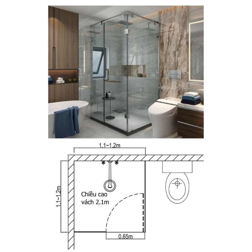 kích thước vách tắm kính vuông góc mở quay