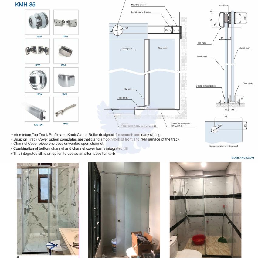 Vách tắm kính mở trượt ray inox 10x30 Phụ kiện vách tắm kính mở trượt dùng ray hộp nhôm