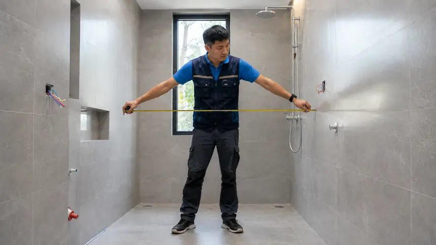 Báo Giá Vách Kính Nhà Tắm Mới Nhất kỹ thuật viên đo kích thước vách tắm kính tại công trình